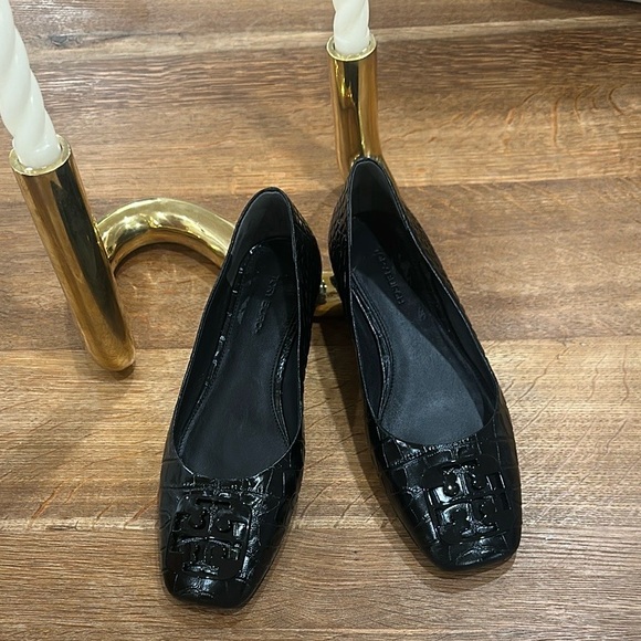 Tory Burch Georgia Croc Embossed Leather Ballet Flat Shoes Black (6.5) - Picture 1 of 7